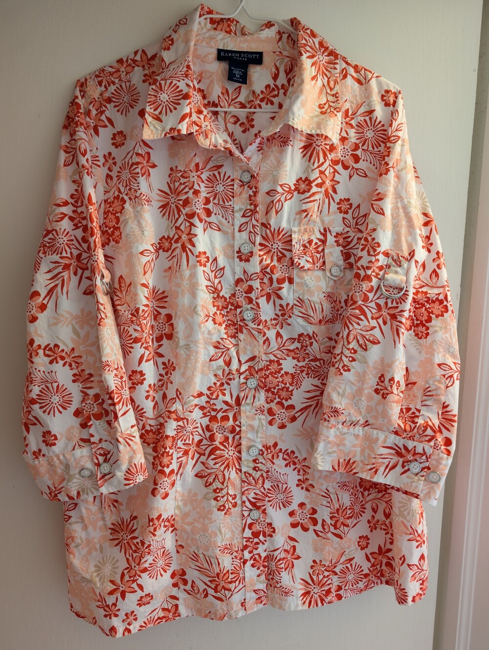 Karen Scott Orange and White Floral Button-Down Shirt. 1x